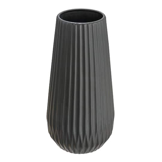 11.5&#x22; Matte Black Round Stoneware Fluted Vase with Embossed Lines